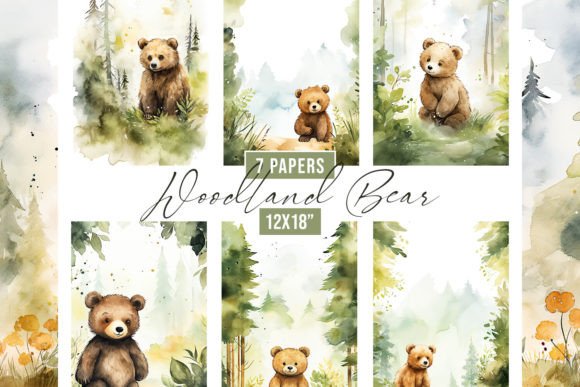 Watercolor Woodland Bear Backgrounds for Creative Projects